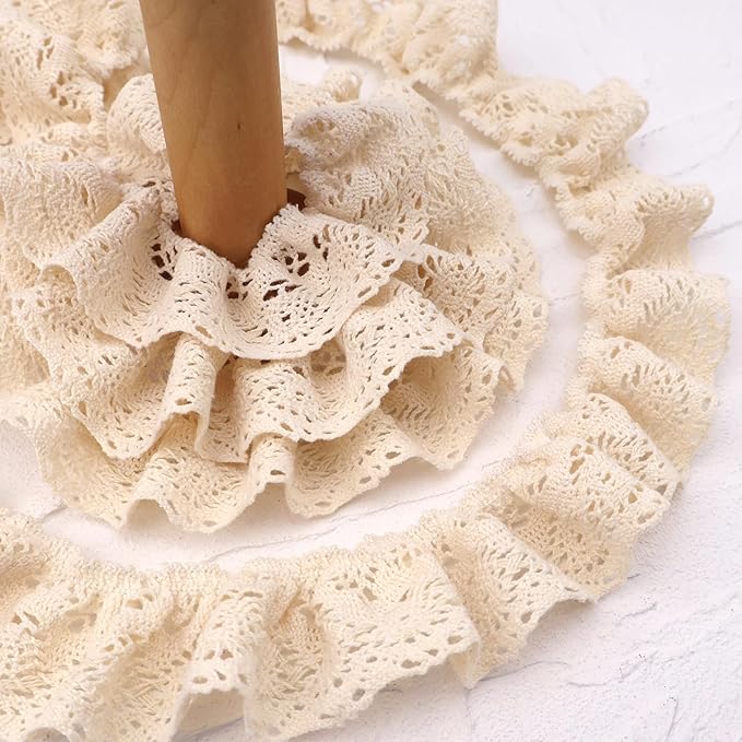 Beige Ruffle Lace Trim 1.6''x3yds Gathered Elastic Lace Ribbon for Sewing Crafts, Apparel Home Decor