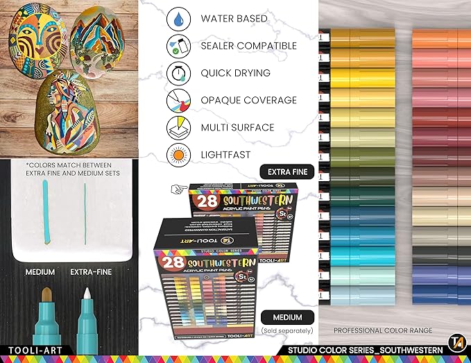 28 Southwestern Colors Acrylic Paint Pens Studio Color Series Markers Set 0.7mm Extra Fine Tip, Rock Painting, Glass, Mugs, Wood, Metal, Canvas, DIY, Detailing. Non Toxic, Waterbased, Quick Drying
