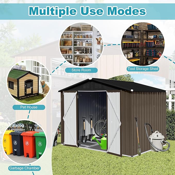 Storage Shed 8ft×6ft Classic Apex Roof Tool Shed Outdoor Storage Metal Garden Storage Sheds Tool Cabinet with Hinged Door Syste for Backyard, Patio, Poolside, Brown + Black