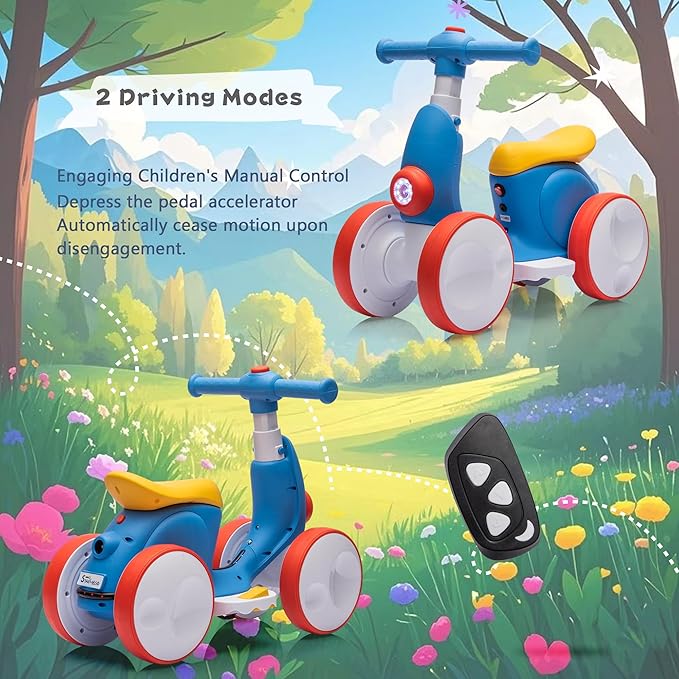 6V Electric Baby Balance Bike for 1 Year Old Boys Girls Ride on Toys 12-48 Months Toddler Balance Bike, 4 Wheels Kids First Bike with Remote Control First Birthday Gifts- Blue&Red