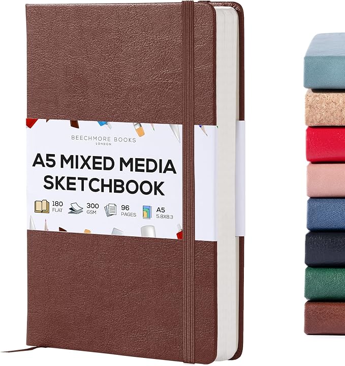 Beechmore Books A5 Sketch Book – 5.8"x8.3" Premium Vegan Leather Hardcover Sketchbook, 96 Thick 300gsm Perforated Ivory Pages, Ideal for Sketching, Watercolor & Mixed Media, Includes Back Pocket
