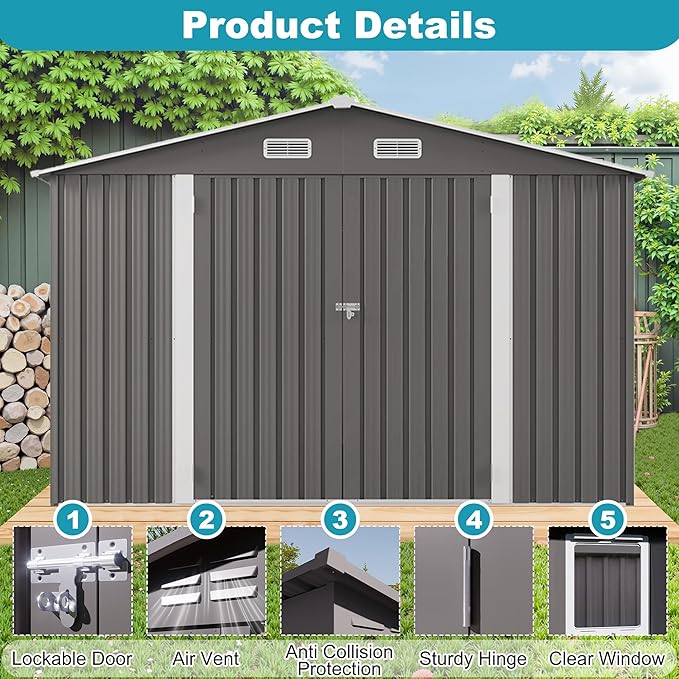 10x8 FT Outdoor Storage Shed, Large Metal Tool Shed with Peaked Roof and Lockable Door, Galvanized Steel Garden Shed with Clear Window for Backyard Garden Patio Lawn, Gray