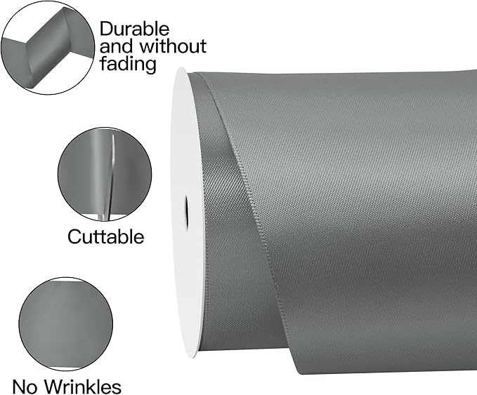 Silver Satin Ribbon 4 Inch X 15 Yards Solid Color Double Faced Ribbons Perfect for Crafts Wedding Decor Bow Making Arts Sewing and More