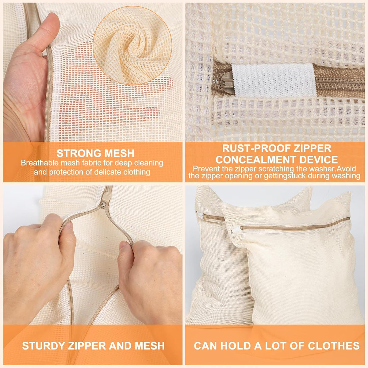 4-Piece Large Durable Organic Cotton Mesh Laundry Bags with Sturdy Zippers and Breathable Mesh are Delicate Laundry Bags for Underwear, Clothes, Pants and Socks