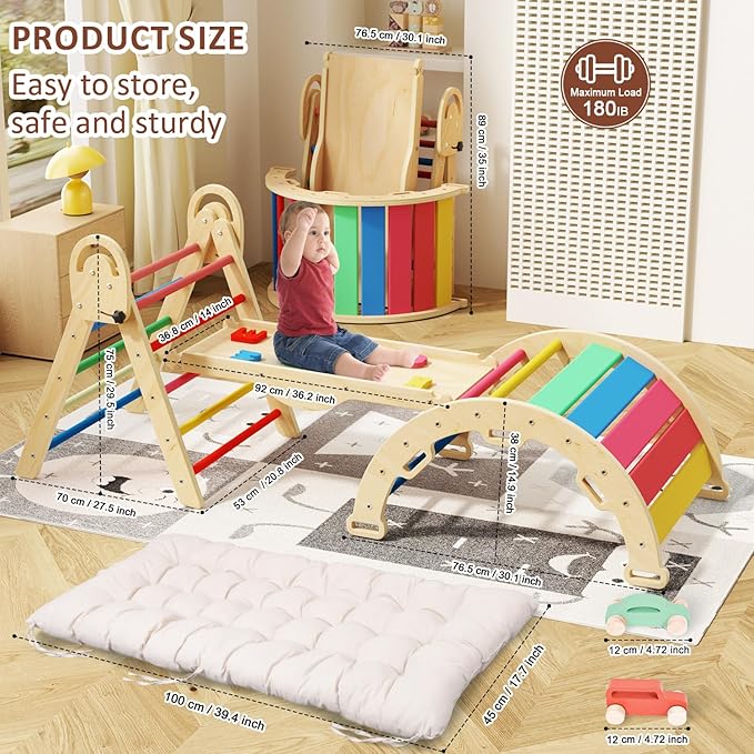 Pikler Triangle Set with Cushion, Montessori Climbing Set, Indoor Climb Toys, Indoor Playground Jungle Gyms, 9 Combinations Climbing Toy Set for Toddler, Baby, Kids 1-4