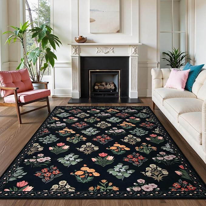Wonnitar Floral Print 8x10 Washable Rug, Non Slip Black Dining Room Rug, Moroccan Large Stain Resistant Low Pile Indoor Carpet for Bedroom Playroom Home Decor, Black/Multi