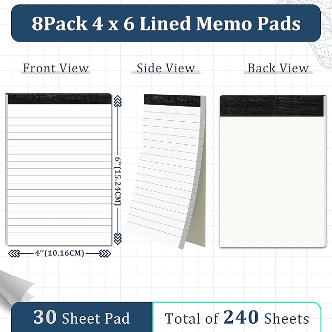8 Pack Note Pads 4x6 Inch Paper of White Small Notepads for Work Study Lined Memo Pads Mini Pocket Notepad 4'' x 6'' Narrow Ruled Small Notebook Pads of Paper Refills for Office School Home Supplies
