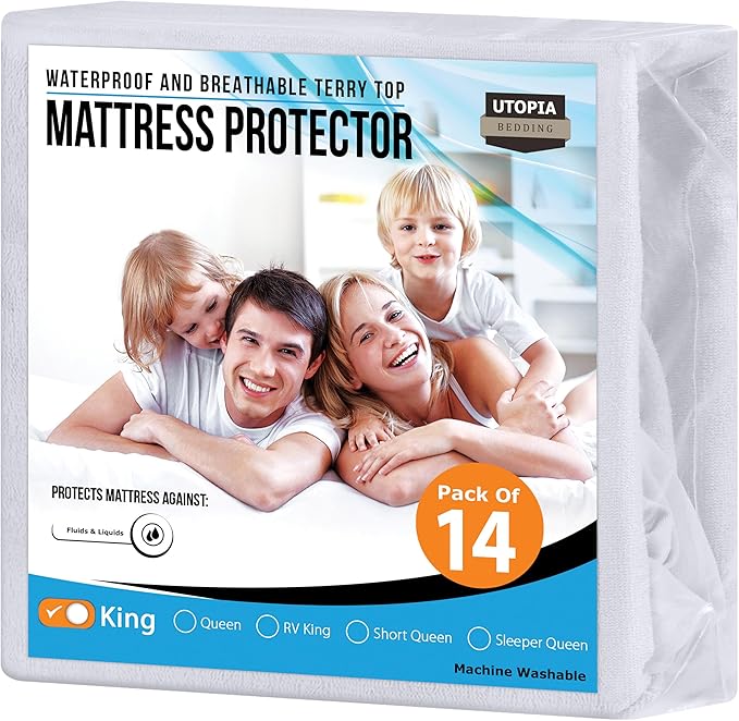 Utopia Bedding Waterproof Mattress Protector King Size (Pack of 14), Premium Terry Mattress Cover 200 GSM, Breathable, Fitted Style with Stretchable Pockets (White)