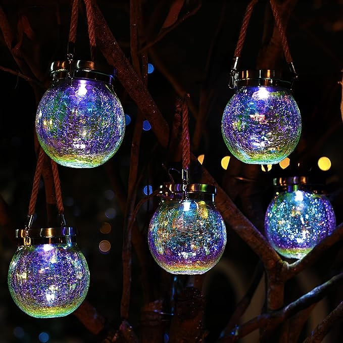 Cooo 4 Pack Solar Lantern Outdoor Waterproof Iridescent Crackle Glass with 215% Larger Solar Panel, Stainless Steel Lid – Rainbow Glass Hanging Light with Cool White LED for Garden Patio Table