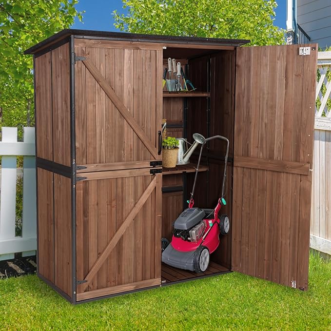 Outdoor Storage Cabinet with Adjustable Shelves, Large Metal Frame Garden Shed for Bike & Tool Storage, Lockable Waterproof Vertical Cabinet Box for Backyard, Patio, Lawn, Deck
