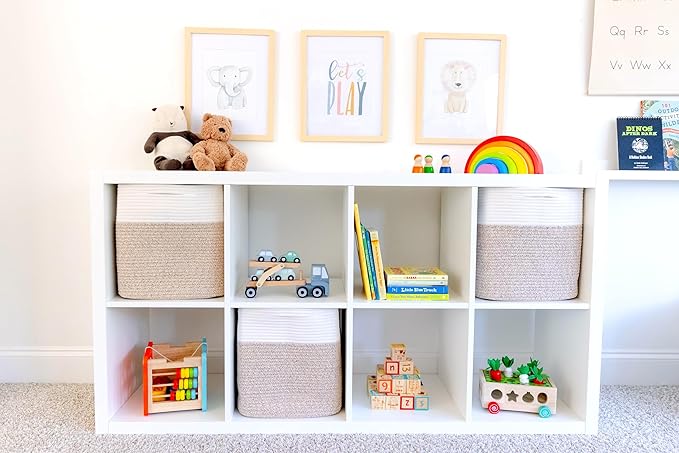 NaturalCozy 13 Inch Cube Storage Bins Cotton Rope Woven Baskets for Organizing 3-Pack | 13 x 13 Storage Cubes | Fabric Square Storage Baskets for Shelves Organizer, Kids Toy Bins, Closet Baby Nursery