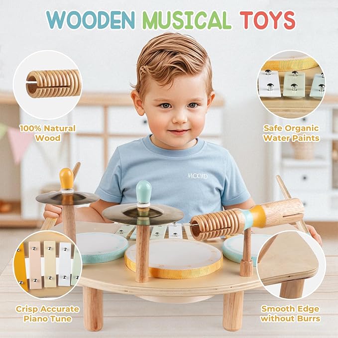 Kids Drum Set, Montessori Musical Instruments for Toddlers 1-3, Wooden Musical Toys for Baby 12-18 Months, Preschool Educational Xylophone Drum Kit, Birthday Gift for Boys Girls Ages 3+