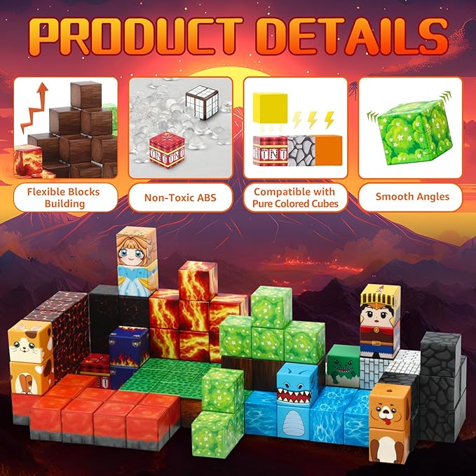 Dinosaur Magnetic Blocks,Dino Volcano World Magnet Building Toys, Sensory Montessori Toys for STEM Learning, Toddler Gift for Boys & Girls Age 3-4 4-5 6-8