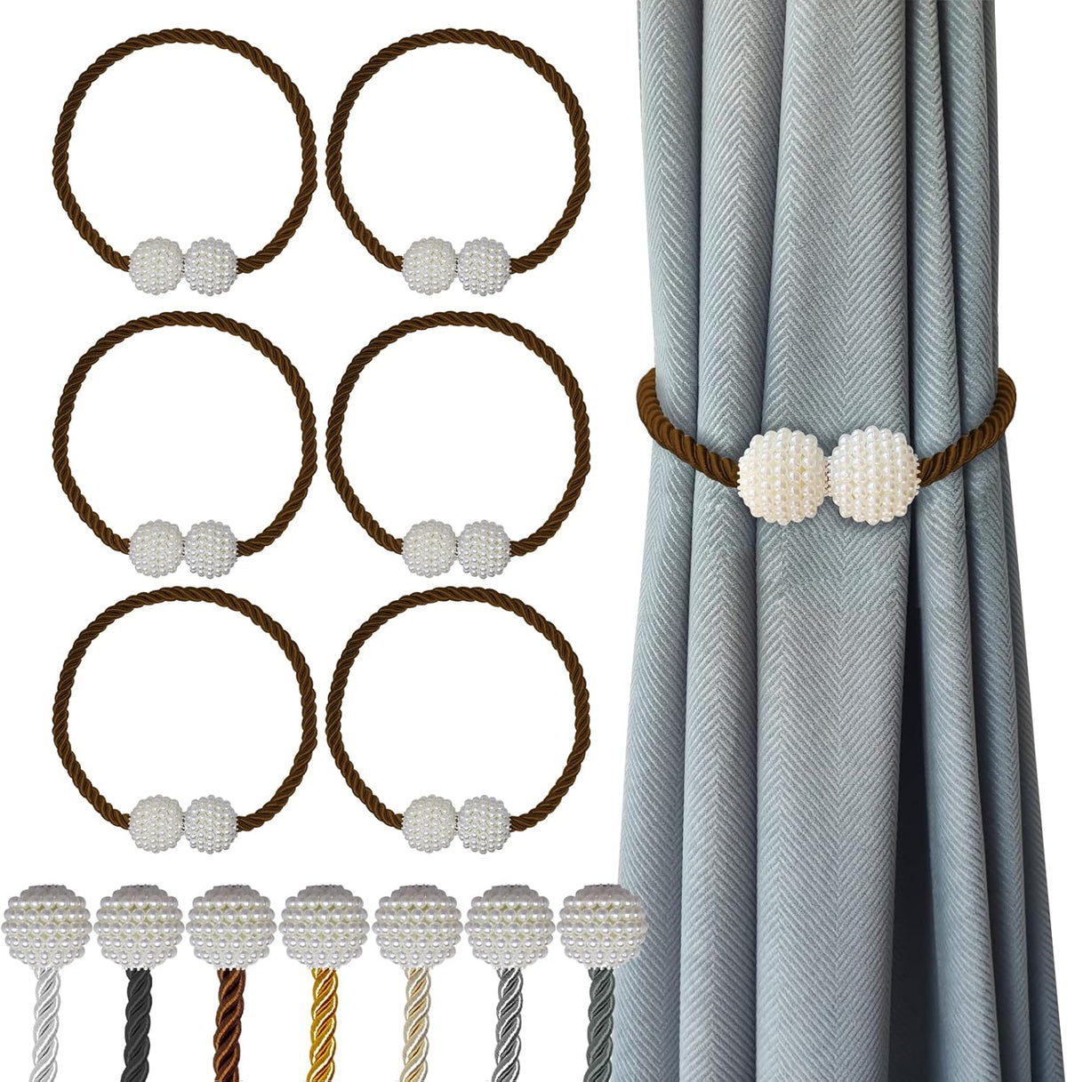Hion Magnetic Curtain Tiebacks Dark Brown 6 Pack, Curtain Tiebacks Buckles Holdbacks Holders Hooks Clip for Home Bedroom Office Decorative Thick or Thin Curtain