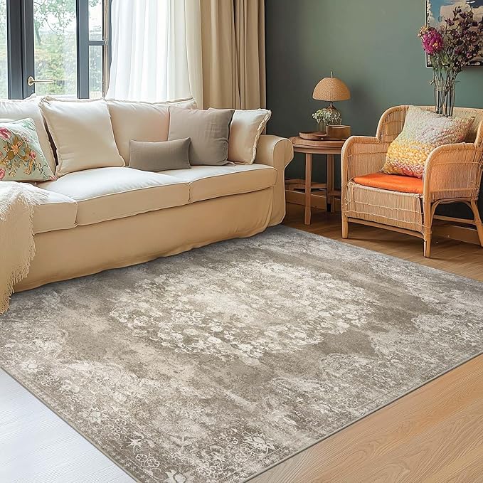 jinchan Vintage Floral 4x6 Area Rugs - Machine Washable Distressed Design Soft Ultra-Thin Low-Pile Non-Slip Carpet for Entryway Kitchen Bedroom Nursery Living Room Dining Room (4x6ft,Brown)