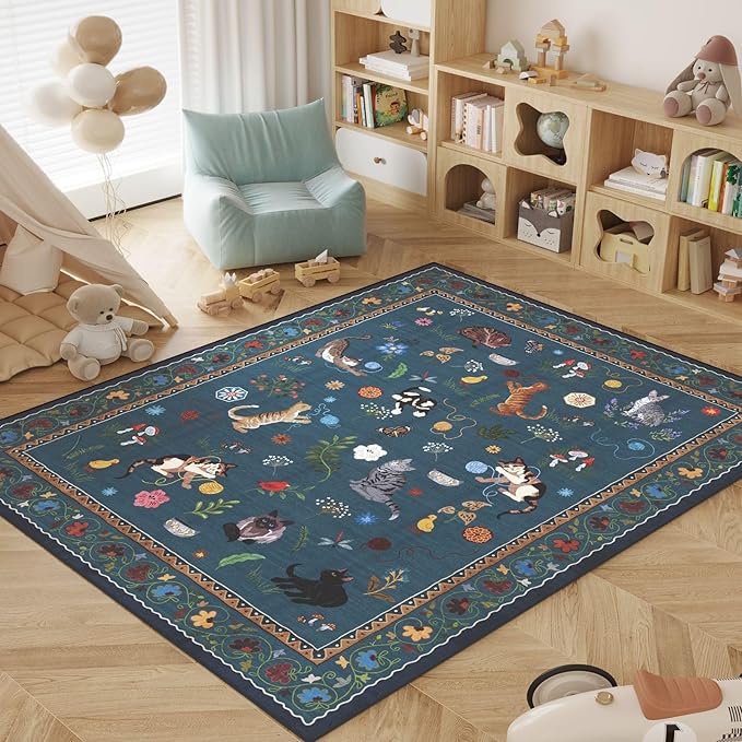 Rugcomf Living Room Rug 5x7 Rug Machine Washable Boho Area Rug Non Slip Floral Animal Cat Vintage Low Pile Large Rugs for Living Room Bedroom Farmhouse Dining Room Kids Playroom, Pearl Gentian Blue