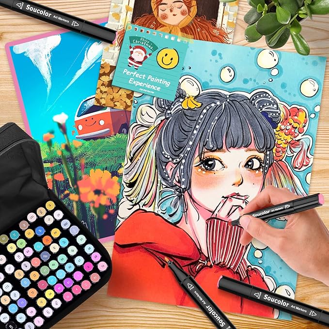 Soucolor Alcohol Markers, 80 Colors Dual Brush Tip Permanent Art Coloring Marker for Book Painting Card Making, Art Supplies Gift Box for Adults Teens Kids Boys Girls 8-12