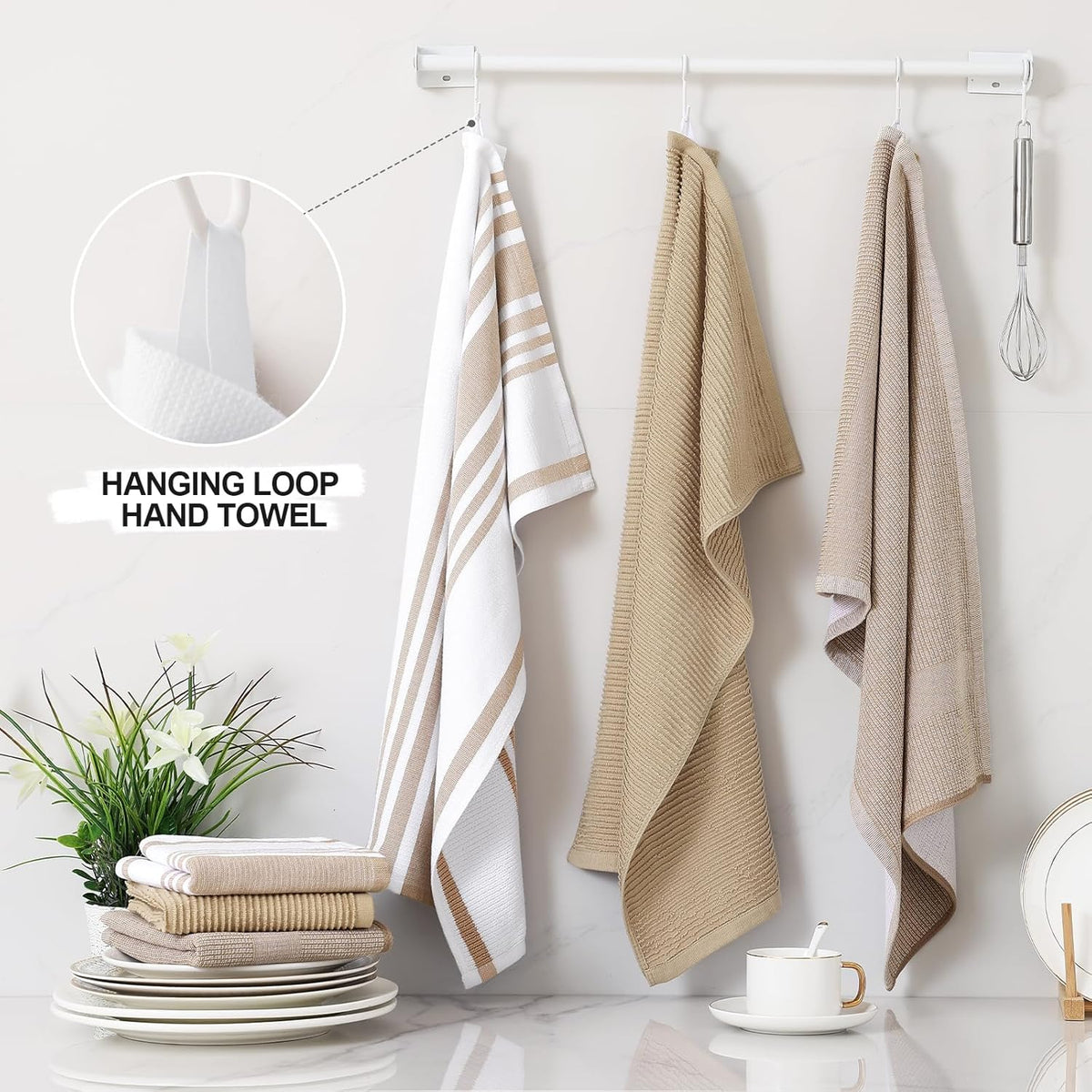 Homaxy Premium Kitchen Towels(18”x 28”, 6 Pack), Large Cotton 380 GSM Kitchen Hand Towels, Soft and Absorbent Terry Dish Towels, Multipurpose Tea Towel Set with Hanging Loop, Khaki