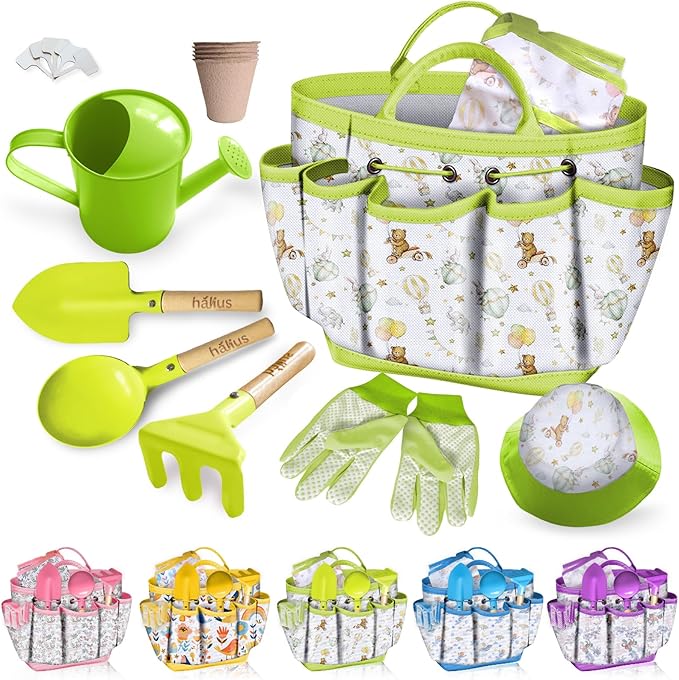 Kids Gardening Tool Set 18PCS Kids Toddler Gardening Set Includes Tote Bag Watering Can Apron Hat Rake Shovel Spoon Gloves Plant Pots and Labels, Outdoor Toys Gift for Boys Girls (Green)