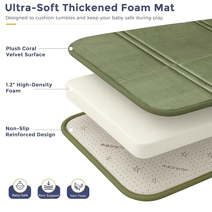 MAXYOYO 1.2" Thick Baby Play Mat for Floor, 49"x 49" Foldable Playpen Mat, Tummy Time Foam Mats Ultra Soft Support,Padded Carpet with Non-Slip Backing for Infant,Kids and Toddler Crawling, Green