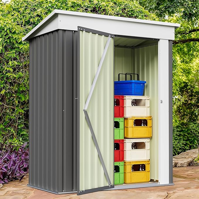 Furniwell 5x3 FT Outdoor Storage Shed, Metal Garden Sheds Outdoor Storage House with Single Lockable Door for Backyard Patio Lawn, Gray