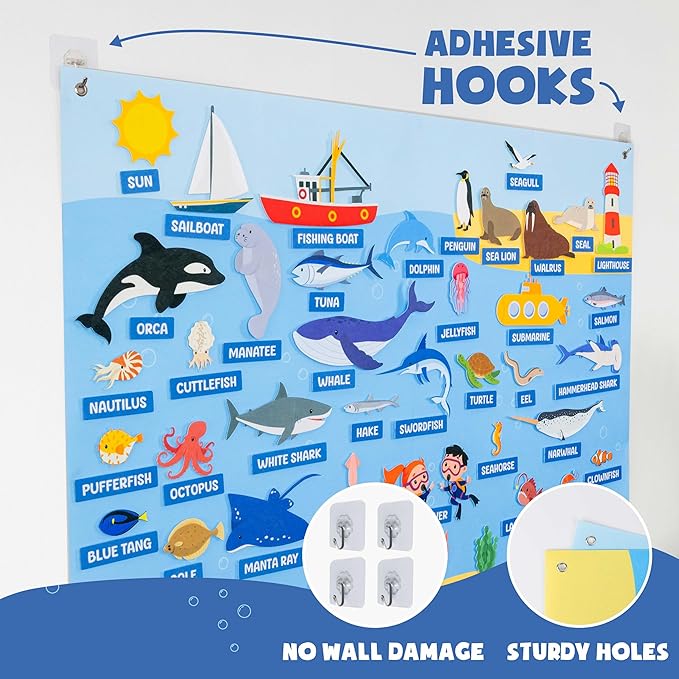 BONNYCO Felt Board for Toddlers with 107 Sea Animals Figures. Montessori and Sensory Toys, Birthday Gifts for Kids 3-8 Years Old. Educational Games, Learning Activities, Christmas