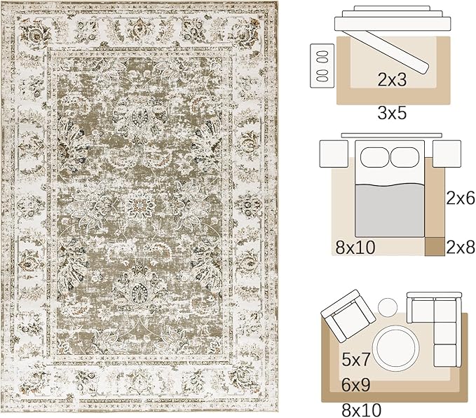 jinchan 6x9 Area Rugs for Living Room - Machine Washable Vintage Floral Distressed Design Stain Resistant Boho Carpet Ultra-Thin Low Pile Non-Slip Rug for Bedroom Dining Room Home Office (6‘x9',Taupe)