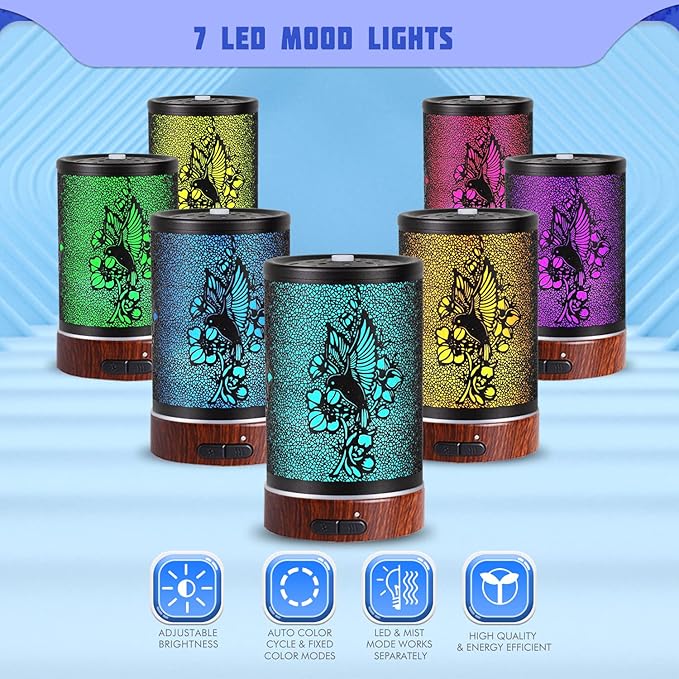 Essential Oils Diffuser,Aromatherapy Diffuser,Birthday Gifts for Women Mom Grandma,Metal Cool Mist Humidifier with 7 Colors Lights Waterless Auto Off Air Diffusers (A-Hummingbird)