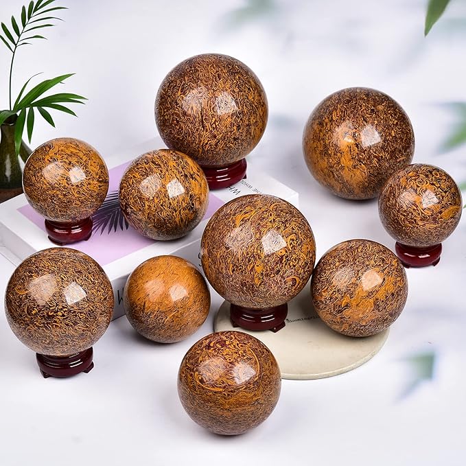 JIC Gem Healing Crystals Sphere Natural Golden Jade Crystal Ball Mineral Quartz Stone With Decorative Stand Home Decoration (70-80mm)