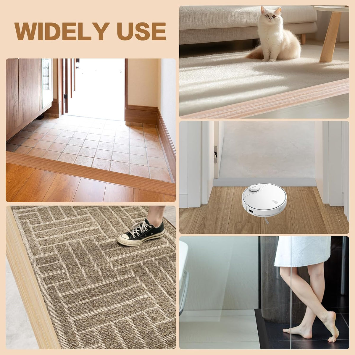 Floor Transition Strip Vinyl Door Threshold Ramp Self Adhesive Carpet Edging Strip Doorway Edge Trim, Overlap Edge Reducer for Laminate Carpet, Floor, Tile (Black, 1/5" to 2/5", 6.6Ft)