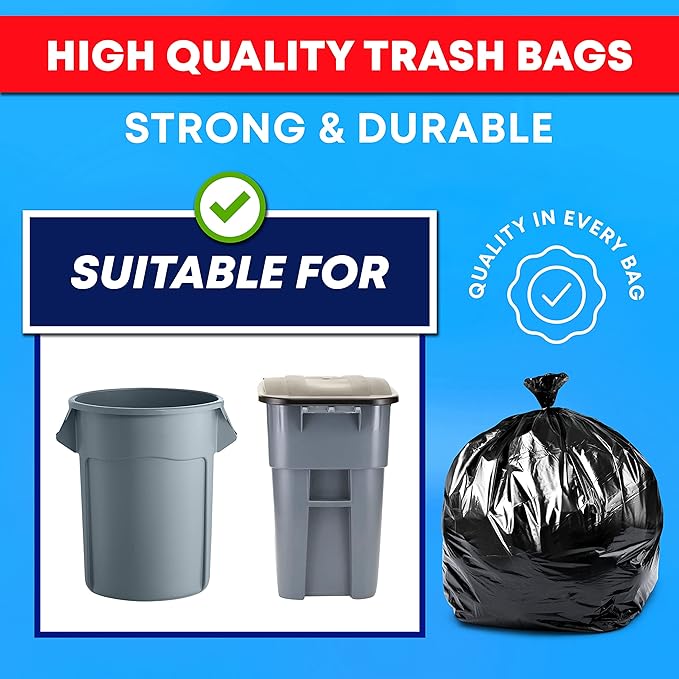 Veska 55-60 Gallon Trash Bags Heavy Duty (MegaValue 100 Bags w/Ties) 50-60 Gallon Large Black Garbage Bags Heavy Duty | Large Black Trash Bags for Commercial, Lawn and Leaf Bag