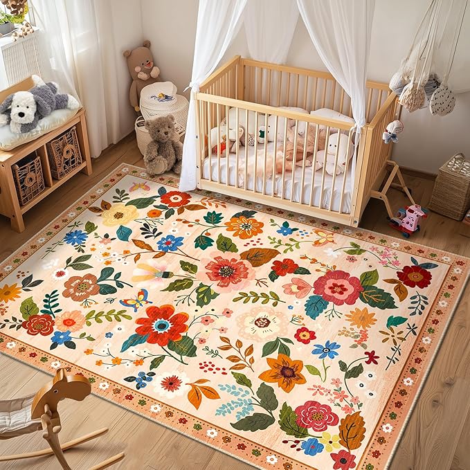 Floral 5x7 Area Rug Machine Washable Soft Print Boho Carpet Non Slip Doormat Low Pile Flower Area Rugs for Living Room Bedroom Nursery Kitchen Dining Room Indoor-Light Orange
