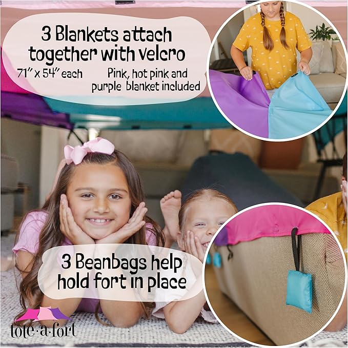 Tote a Fort Princess Blanket Fort Building Kit for Kids, 3 Blanket TOTEAFORT Toy, Make a Portable Playhouse, Play Tent Boy and Girl Indoor Outdoor Build Set, STEM Children Toy, Ages 4, 8, 12 +