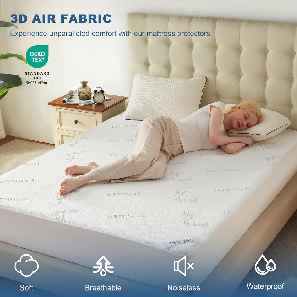 Waterproof King Size Mattress Protector, Mattress Pad Fitted 6"-18" Deep Pocket, 3D Air Fabric Bed Mattress Cover Noiseless Washable for Bedroom, Hotel
