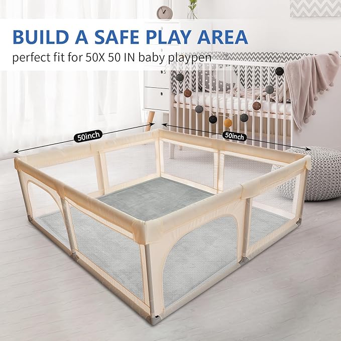 Baby Play Mat for Floor,1.3" Thick Elasti-Foam 50x50 Playpen Mat for Toddlers Infant Kids,Water-Repellent Soft Coral Velvet Tummy Time Mat,Non Slip Crawling Mat,Tatami Mat(Light Grey)