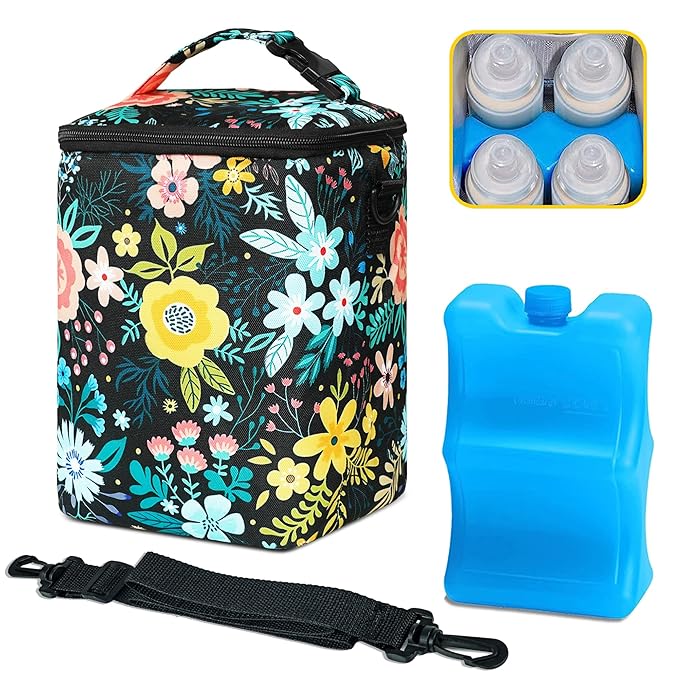 Breastmilk Cooler Bag with Ice Pack Fits Up to 9oz Bottles - Insulated Baby Bottle Cooler with Strap - Nursing Mom & Daycare Travel