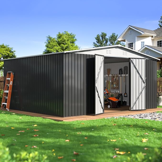 WKM 12x14 FT Outdoor Storage Shed, Utility Metal Tool Storage with Lockable Doors and Updated Frame Structure, Large Metal Garden Shed for Backyard, Patio Lawn, White