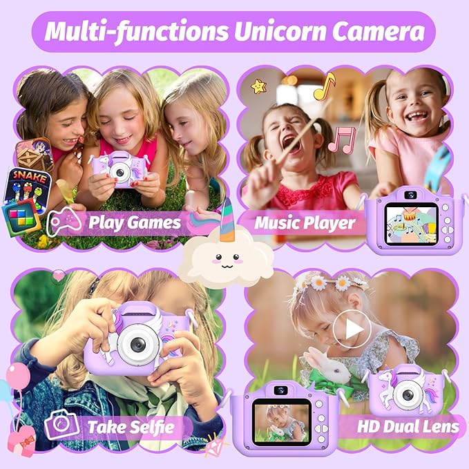 Upgrade Unicorn Kids Camera for Girls, Christmas Birthday Gift for Boys, 1080P HD Selfie Digital Video Camera for Toddlers, Cute Portable Little Girls Boys Gifts Toys for 3 4 5 6 Years Old