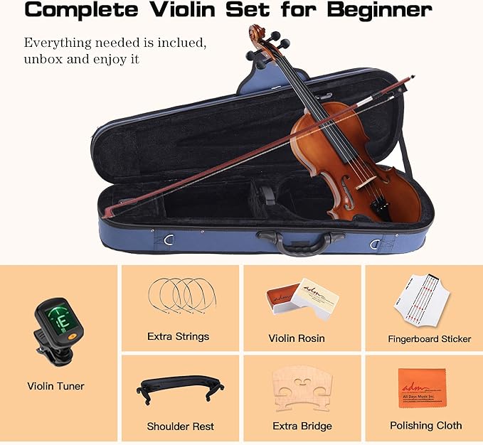 ADM 3/4 Size Wood Violin Set for Kids Teens Students Adults Beginner Acoustic Violin Matte Fiddle Starter Kit with Hard Case, Rosin, Shoulder Rest, Bow, Clip-on Tuner and Fingerboard Sticker