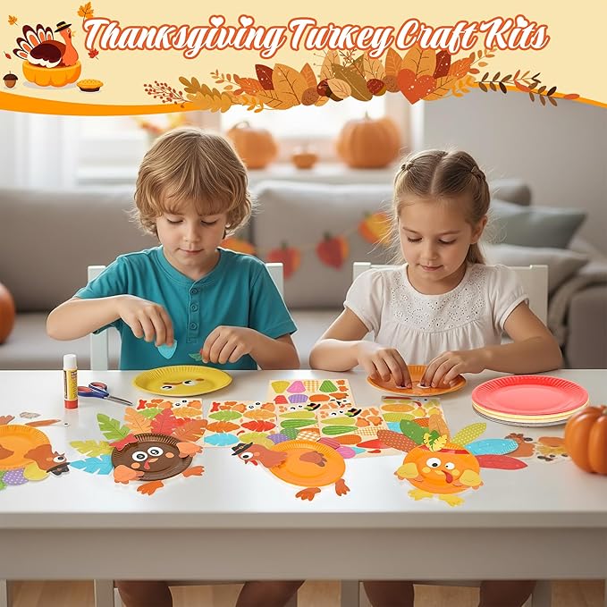 Bafeil 24 Sets Thanksgiving Turkey Craft Kits DIY Autumn Make a Turkey Paper Plate Crafts Turkey Ornaments Decorations Art Sets for Festive Fall Autumn Thanksgiving Party Classroom Activities
