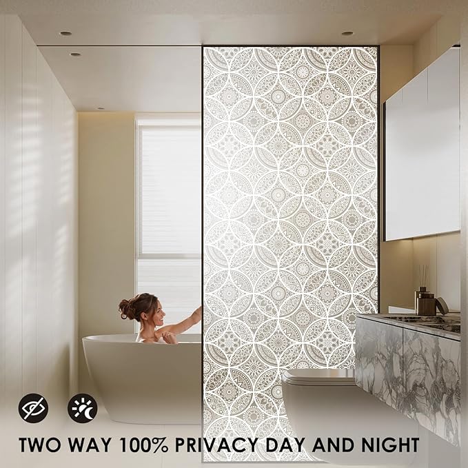 DKTIE Bohemian Decor Stained Glass Window Film with Installation Tools, Two-Way Window Privacy Film, Reduce Glare, Pure White, 35.4 x 78.7 Inch