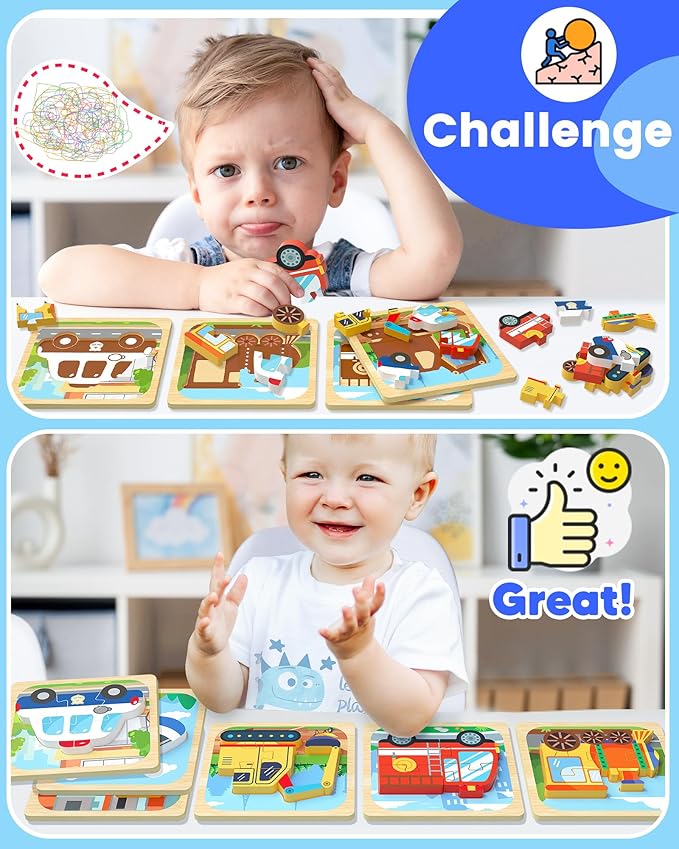 Benresive Wooden Toddler Puzzles, Montessori Toys for 1 2 3 Year Old Boys, Toys for 1 2 3 Year Old Boy Birthday Gifts, 6 Pack Vehicle Toddler Learning Educational Puzzles