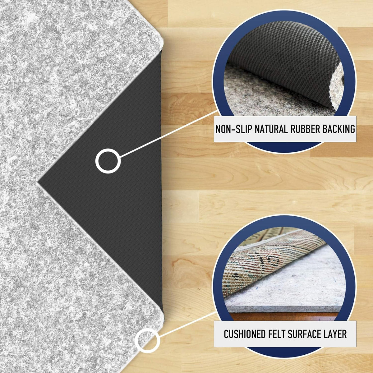 RUGPADUSA - Dual Surface - 3'x5' - 1/4" Thick - Felt + Rubber - Non-Slip Backing Rug Pad - Safe for All Floors