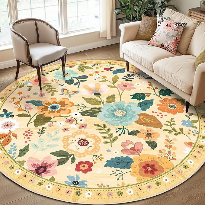 Floral 8ft Area Rug Machine Washable Soft Print Boho Carpet Non Slip Doormat Low Pile Flower Area Rugs for Living Room Bedroom Nursery Kitchen Dining Room Indoor-Ivory/Yellow