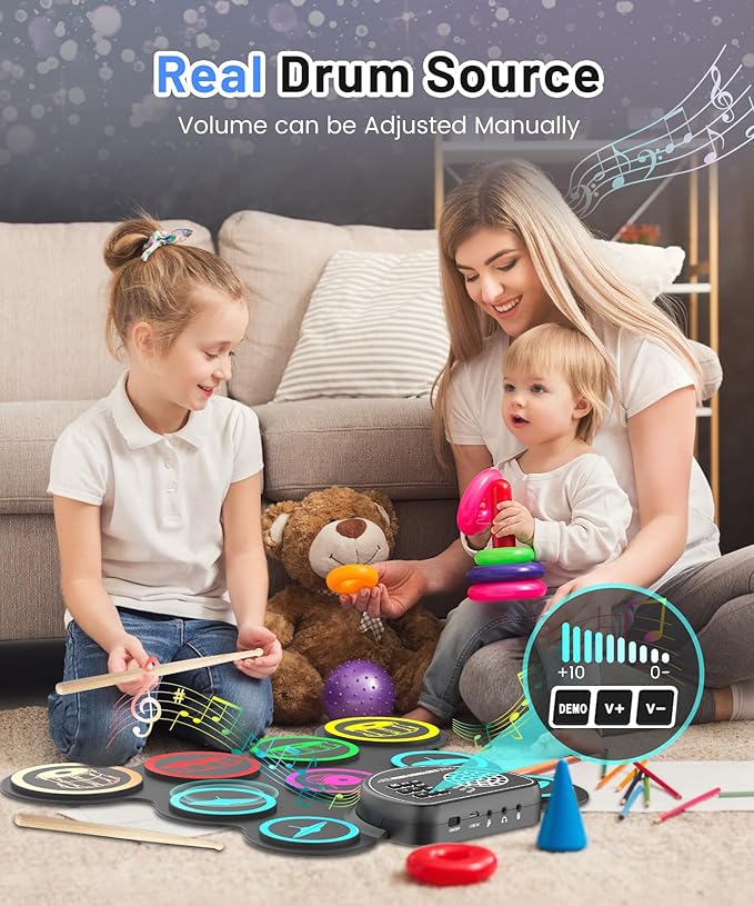 Electronic Drum Set, 9-Drum Practice Pad with Headphone Jack, Roll-up Drum Kit Machine with Built-in Speaker Drum Pedals and Sticks 10 Hours Playtime, Great Christmas for Kids