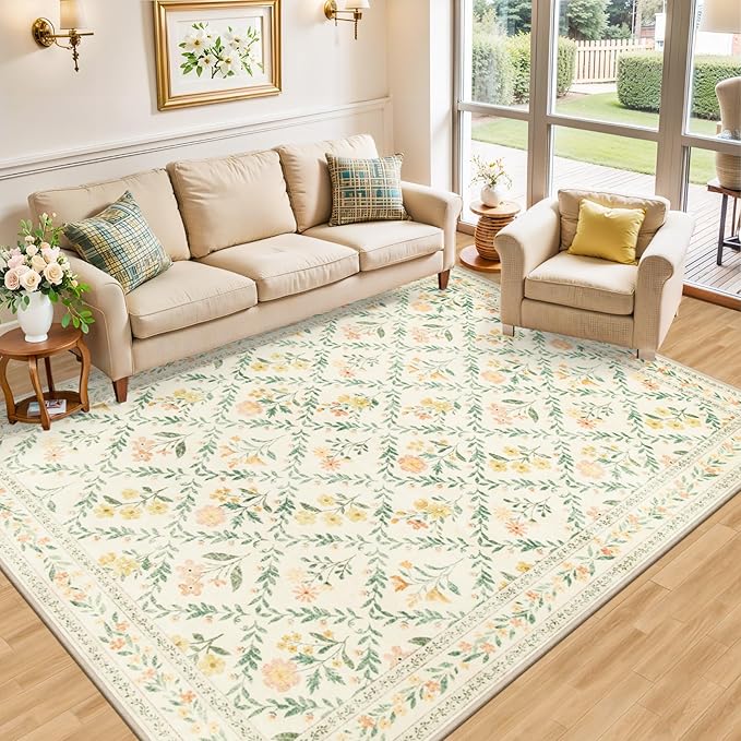 10x12 Area Rugs for Living Room: Floral Washable Rug Vintage Large Soft Boho Non-Slip Carpet Stain Resistant Low Pile Carpets for Bedroom Dining Room Farmhouse Nursery Hallway Home Office Beige/Multi