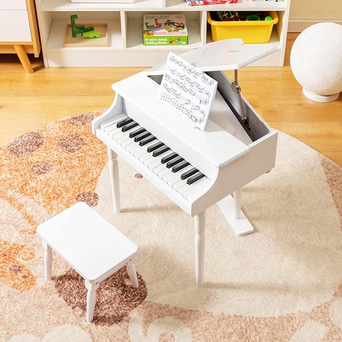 Goplus 30-Key Classical Kids Piano, Mini Grand Piano Wooden Learn-to-Play Musical Instrument Toy with Bench, Piano Lid, Music Rack, Gift for Boys Girls Aged 2+ Baby Toddler(3 Straight Leg-White)