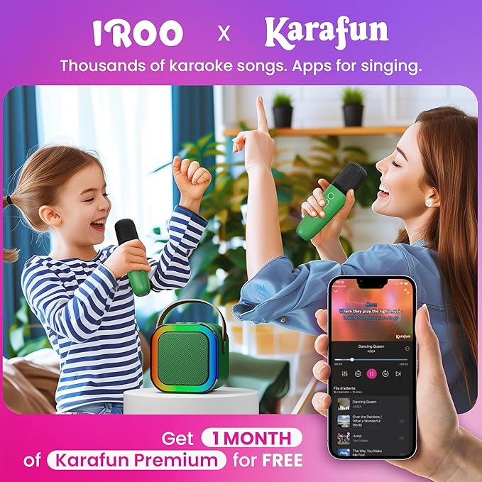 IROO Mini Karaoke Machine for Kids, 2025 TOP Toys Birthday Gifts Ideas for Girls Ages 4, 5, 6, 7, 8, 9, 10, 12+ Years Old, Portable MP3 Player with 2 Wireless Mics for Party