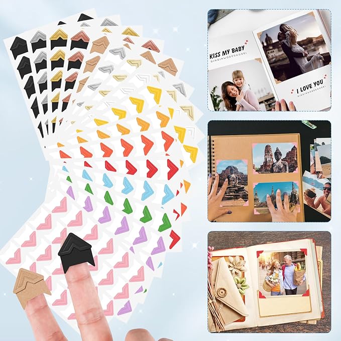 GOONAVI 15 Sheets 360 PCS Cowhide Photo Corners Notebook, Self-Adhesive Corners for DIY Album Journal, Corner Stickers for Trip Memory Book