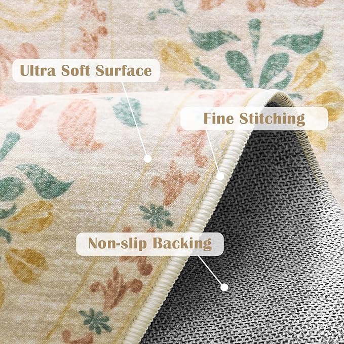 jinchan Round Rug 4ft Area Rugs Vintage Floral Distressed Design,Machine Washable Soft Non-Slip Low-Pile Ultra-Thin Circle Rug for Entryway Bedside Living Room Kitchen Nursery (4' Round,Apricot Multi)
